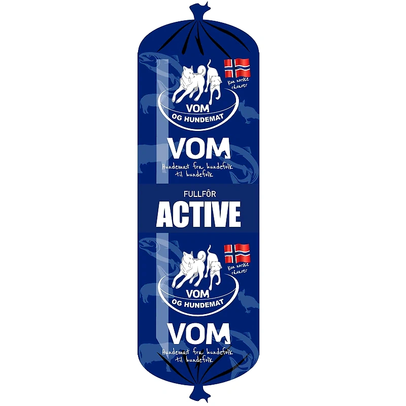 VOM and Dog Food logo. Dog food for active dogs, made with Norwegian ingredients.
