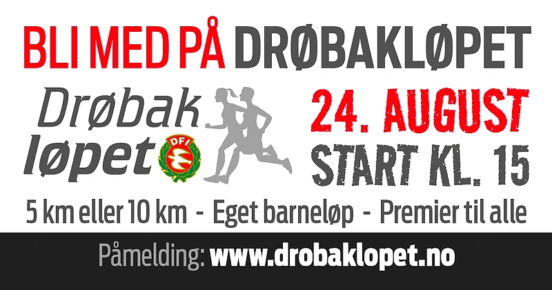 Drøbakløpet logo with race details: date, time, distance, and registration.
