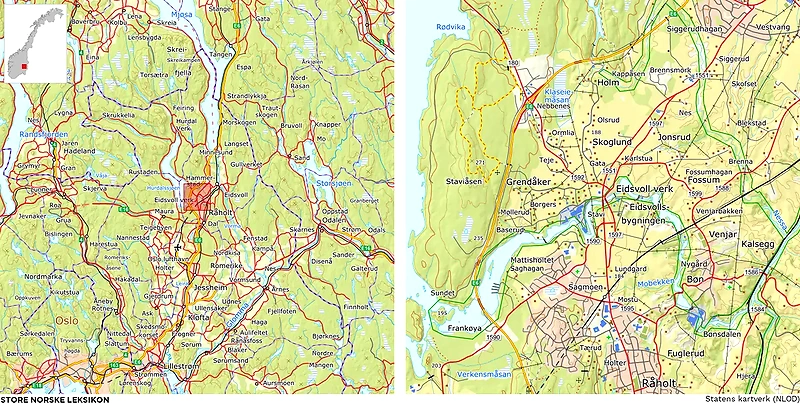 Map of Eidsvoll Verk and the surrounding area.