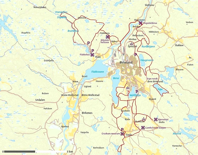 Map of the Birkeland area with the route for Espe Rundt.
