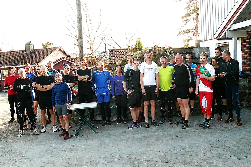 Runners gathered before or after a race.
