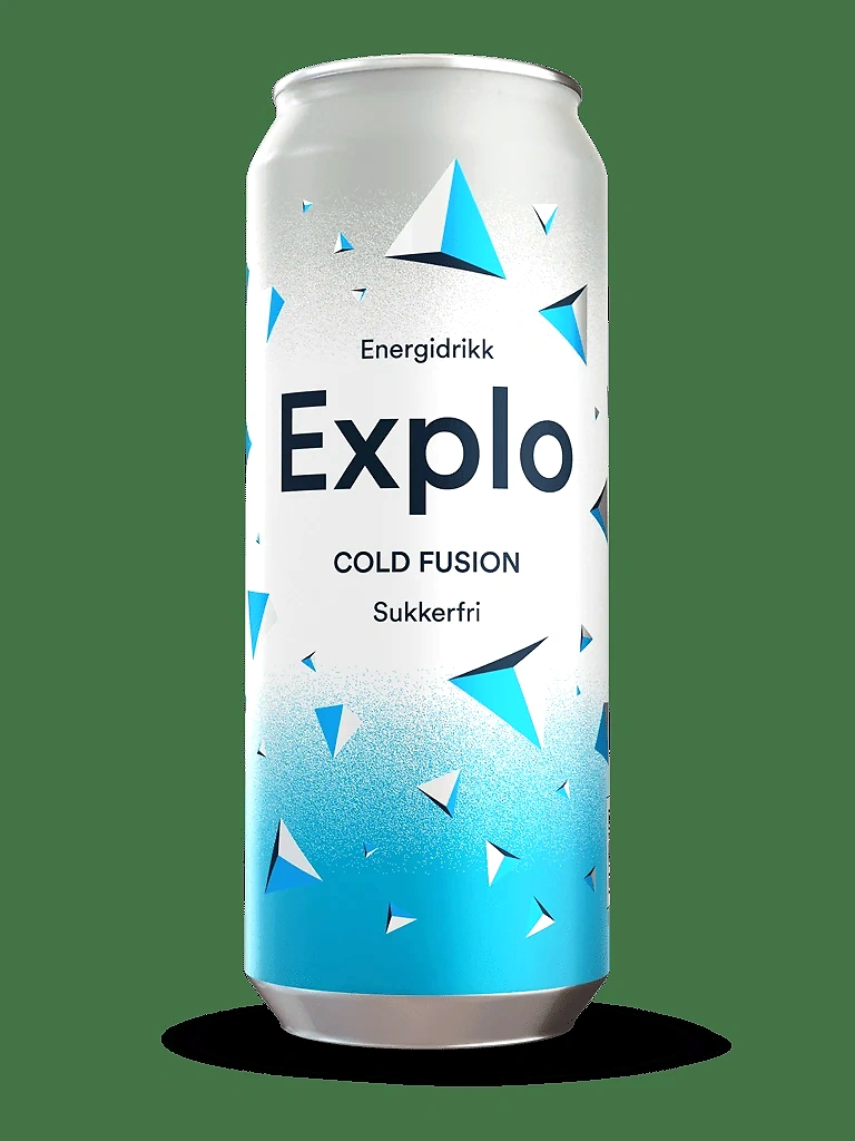 The energy drink Explo, cold fusion, sugar-free. Blue and white colors on a can.