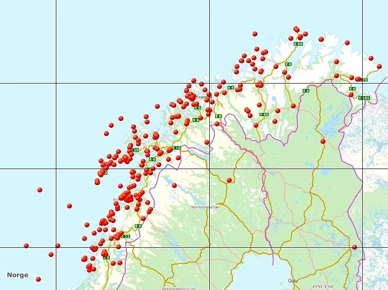 Map of Northern Norway with red dots, possibly locations for the race or attractions.