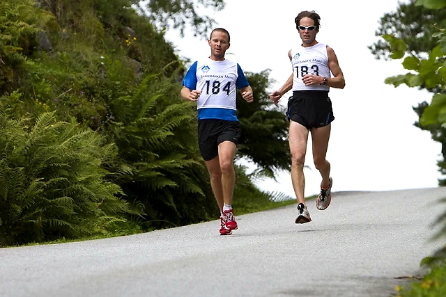 Runners in the Flemstubben race. Two men are running on an asphalt road, surrounded by green landscape.