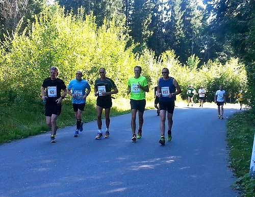 Runners during a race in a forest environment.