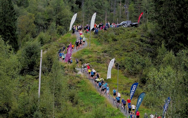 Runners climb the Bystien in the Førde Opp race, with flags and spectators along the trail.