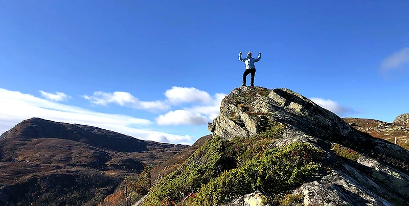 A person at the mountain summit with arms raised, with beautiful nature in the background.