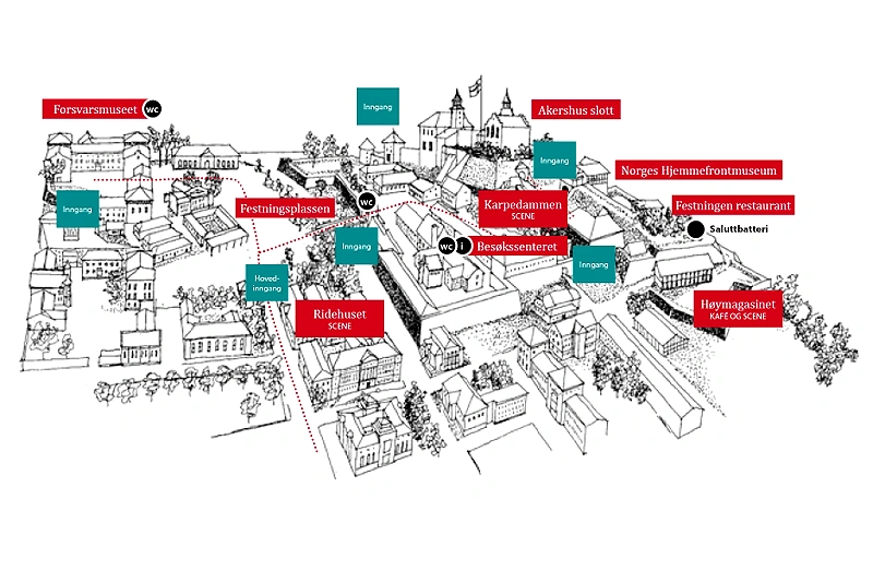 Map of an area with buildings and entrances.