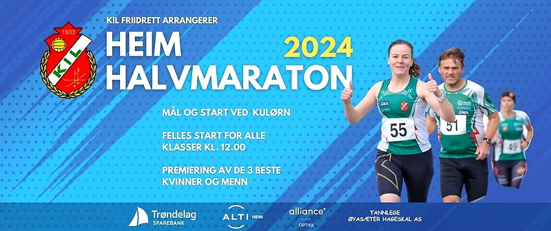 Advertisement for Heim Half Marathon 2024, featuring runners and logos.