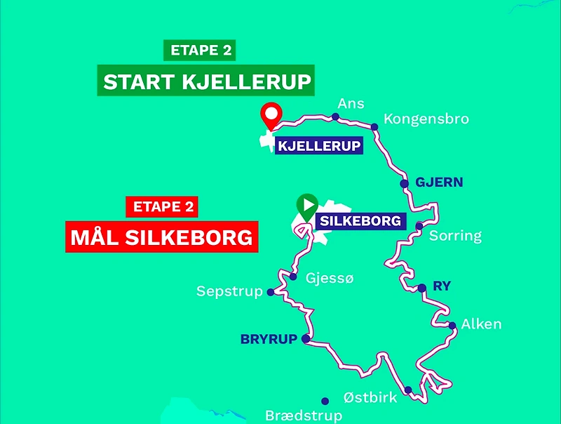 Rute kart for etappe 2 med start i Kjellerup og mål i Silkeborg.