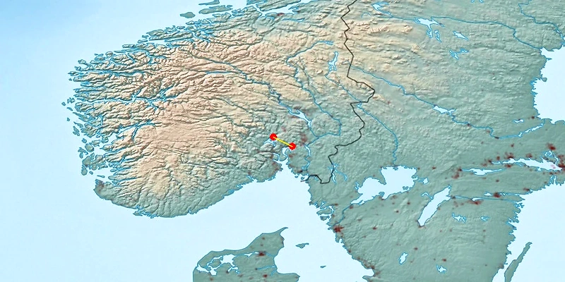 Map of Norway with the course for Hønefoss 5 km stadium.