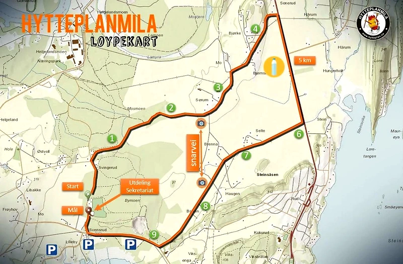 Hytteplanmila løypekart. Viser start, mål og løype for gateløpet.