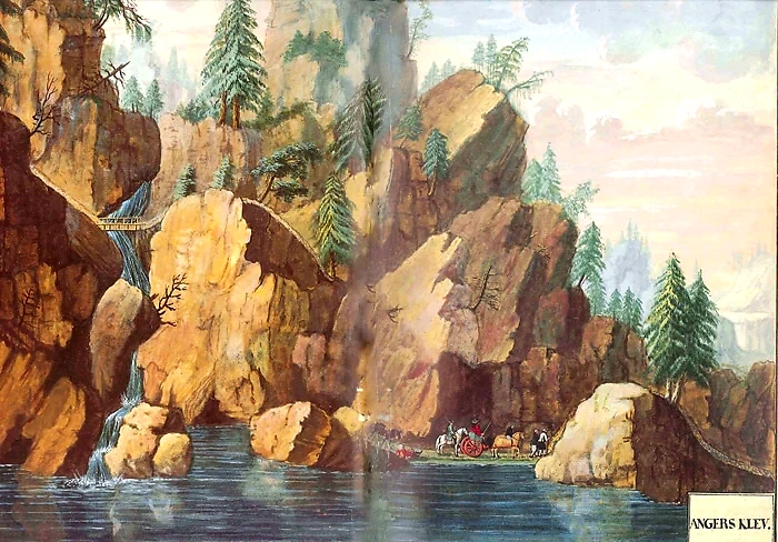 Painting by Angers Klev. Depicts a landscape with water, cliffs, trees, and a cart.