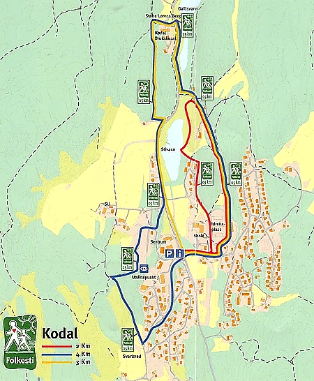 Map of Kodal with routes of 2, 3, and 4 km.