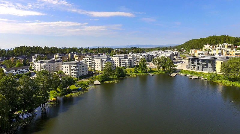 Overview image of a lake and nearby buildings, possibly around Kolbotnvannet.