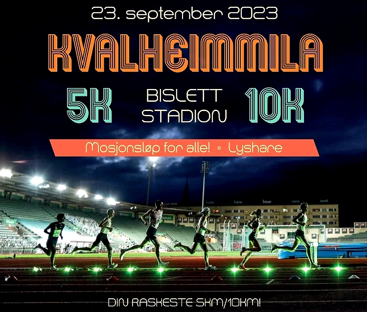 Poster for Kvalheimmila at Bislett Stadium, featuring runners, date, distances, and information about the race.
