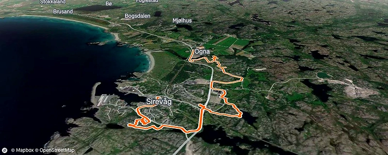 Course map for the Kystjegerløpet in Sirevåg, a trail run of approximately 7 km.