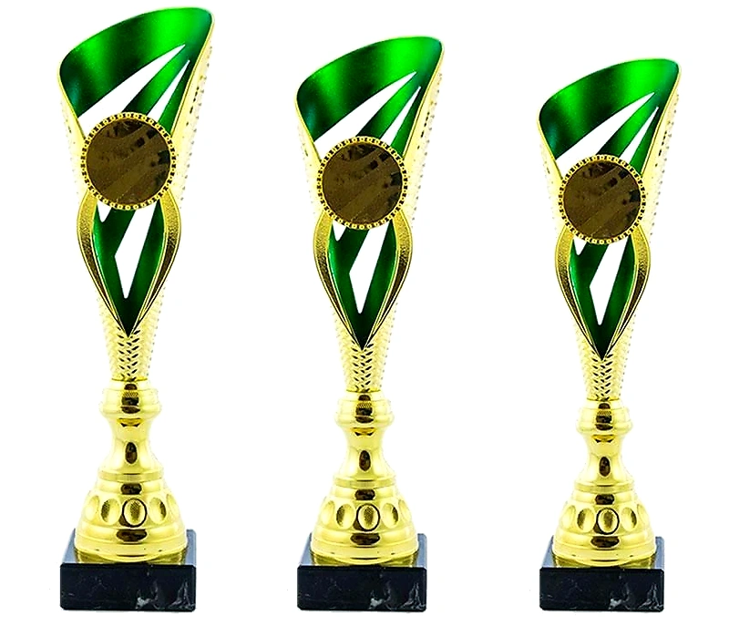 Three gold trophies with green details and a black base, likely for a competition.