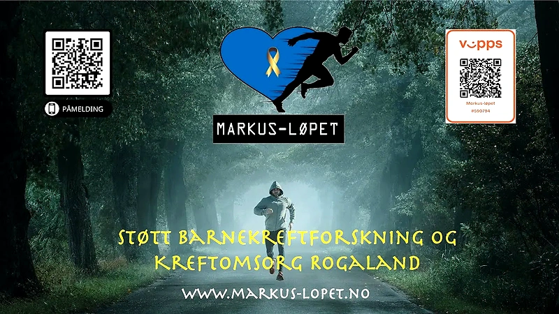 Markus Run poster with runner, logo, and support for childhood cancer research.