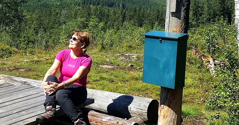 Woman in hiking clothes by a bench in nature with a view of the forest.