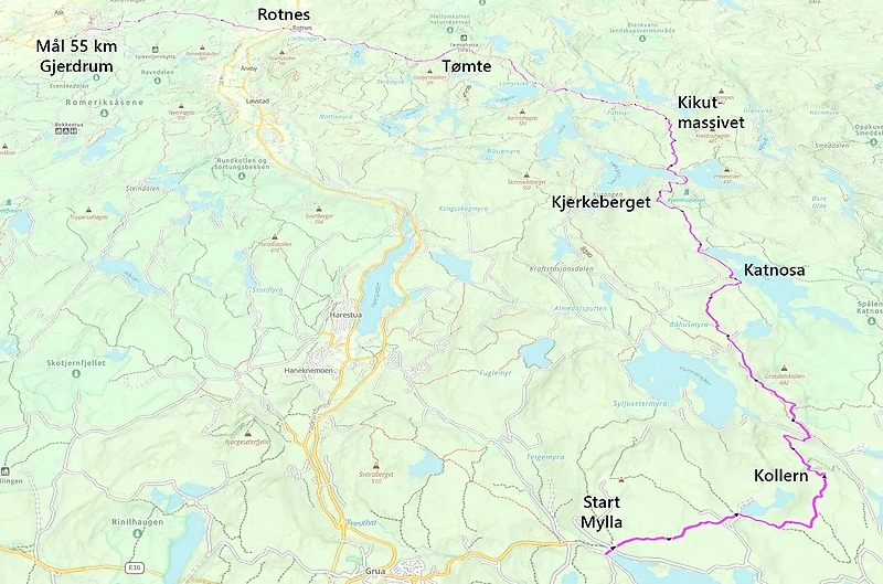 Kart over Oslo Trail Challenge 55 km løype, med start i Mylla og mål i Gjerdrum.