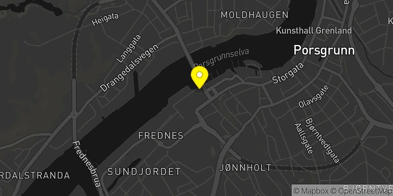 Map of Porsgrunn with a marked location, possibly the start or finish for the Porsgrunn Half Marathon.