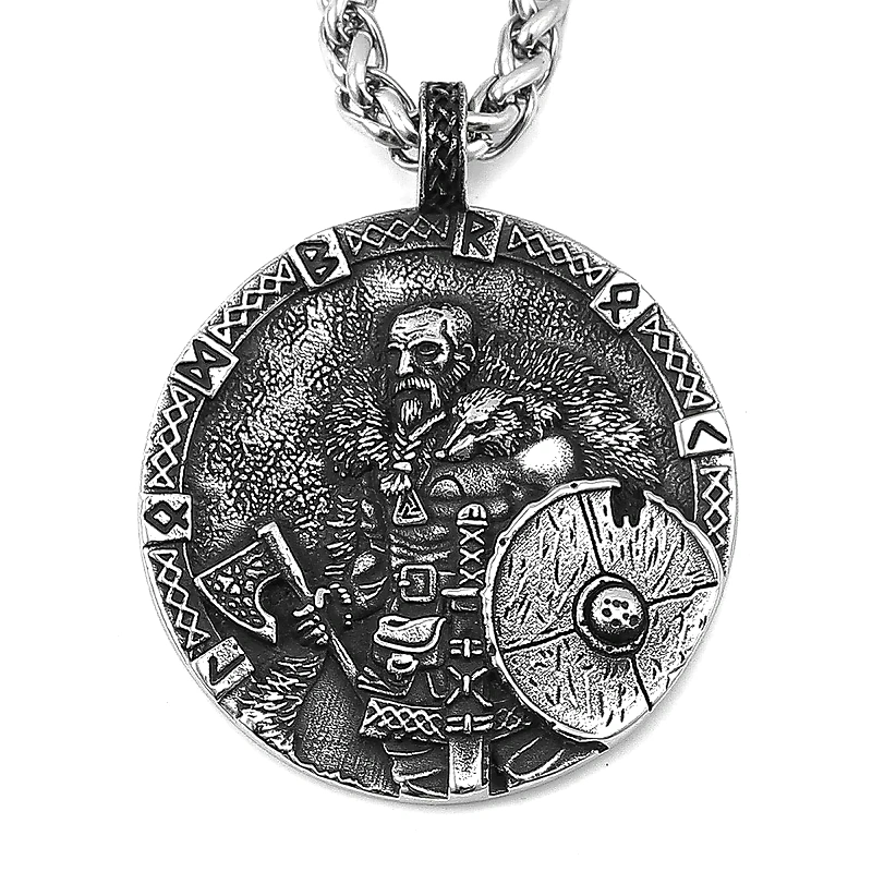 Silver Viking pendant with shield, axe, and wolf, in a round design.