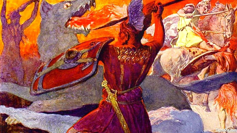 Painting of a Viking fighting against a wolf, related to Norse mythology.