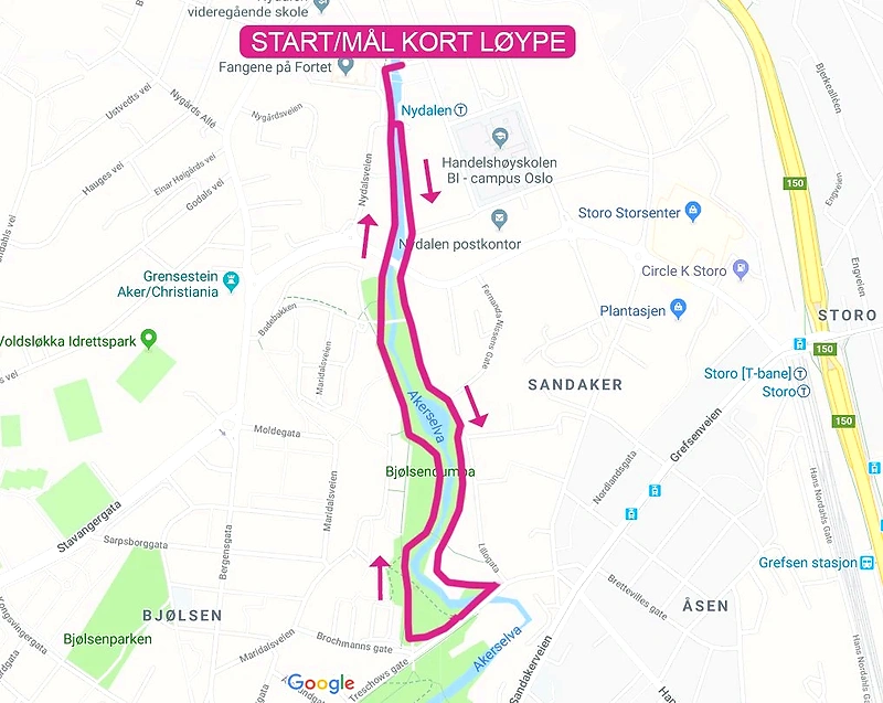 Map of the Rosa Sløyfe Run Oslo short course shows the start and finish and the route along the Akerselva.