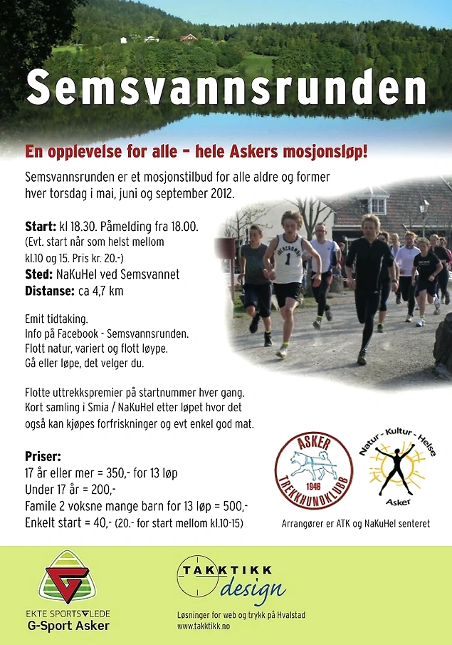 Plakat for Semsvannsrunden løp med løpere, løypeinfo og logoer.