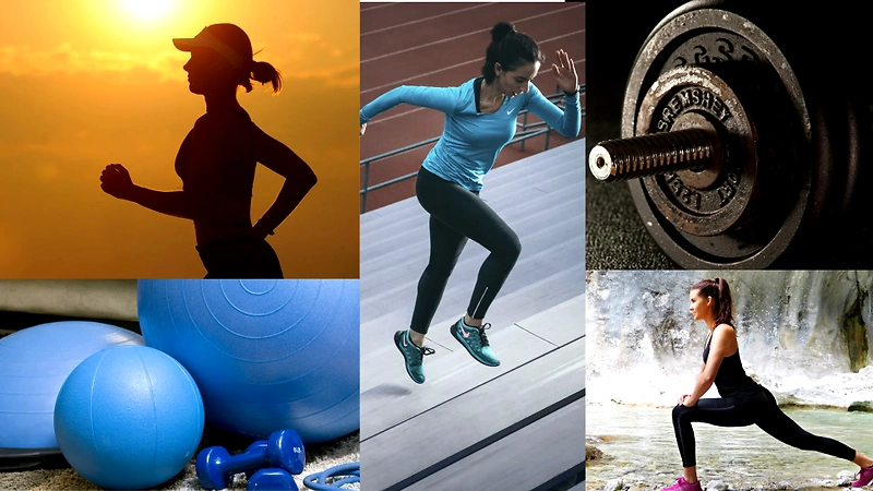 Bilde av løping og trening, inkludert løper silhuett, fitnessballer, og en vektstang.