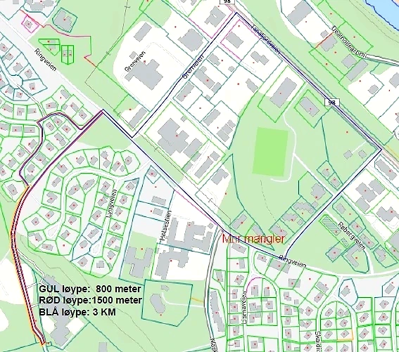 Kart over løypene med angitte distanser: 800m (gul), 1500m (rød) og 3km (blå).