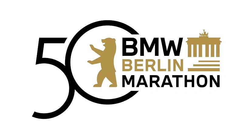 BMW Berlin Marathon logo. 50th anniversary. Bear in a circle, Brandenburg Gate, and race name.