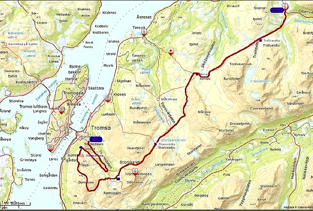 Map of the Tromsø Mountain Ultra 50km course.