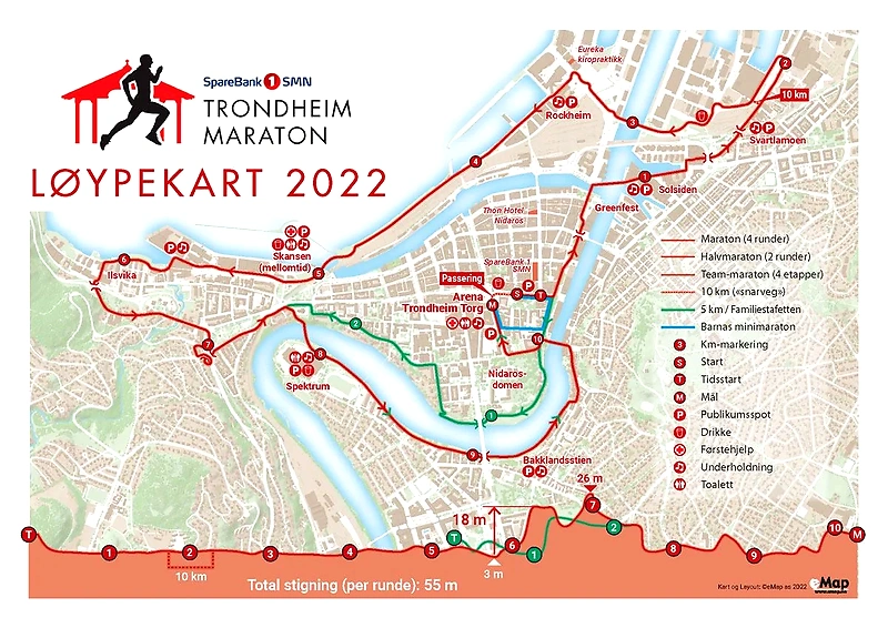 Course map for Trondheim Marathon 2022.
