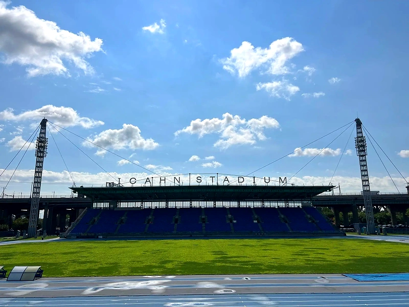 Icahn Stadium, New York. A blue running track and green grass under a blue sky. Perfect for the Twilight 5000.