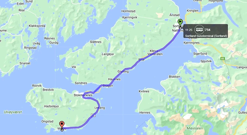 Map of the route from Stokmarknes to Melbu.