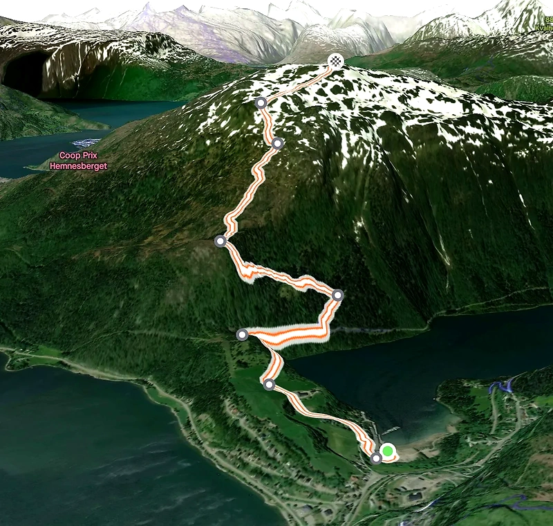 Route map for the Veten Opp race, showing the course up the mountain.