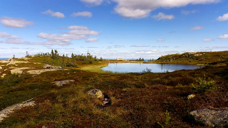 Beautiful landscape with a lake, mountains, and blue sky. Perfect for trail running in Vikerfjell Nature Reserve.