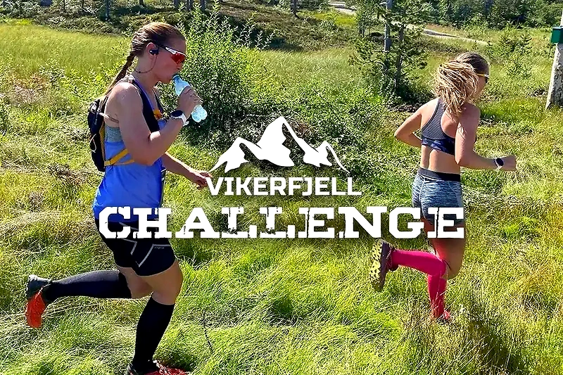 Runners in the terrain with the Vikerfjell Challenge logo.
