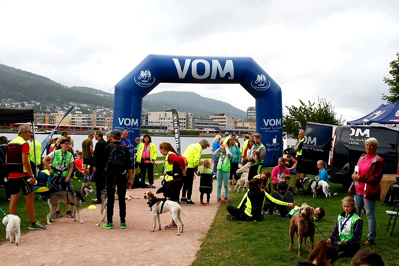 Deltakere med hunder ved startbue for Vom Dogrun.