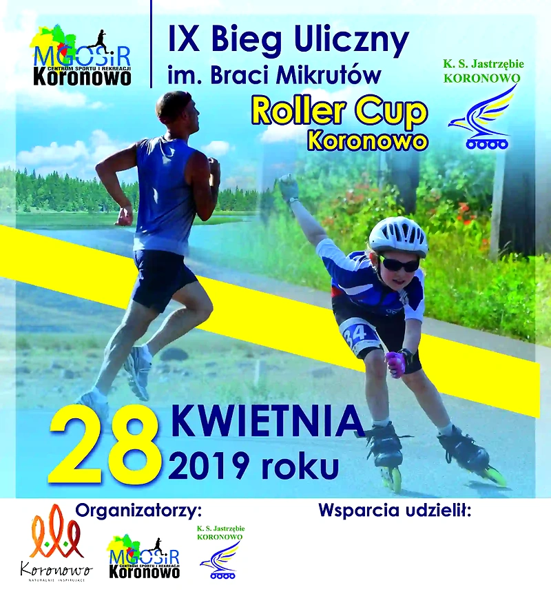 Plakat z biegiem ulicznym z biegaczami i rolkarzem.