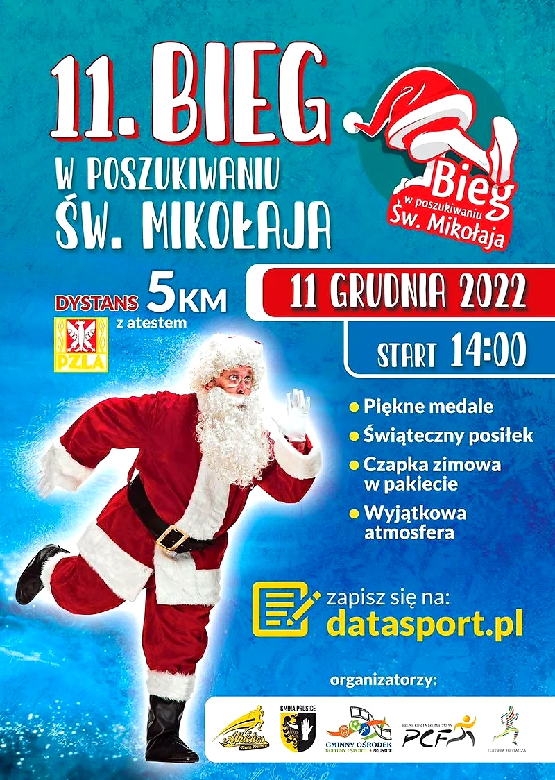 Plakat reklamujący bieg Mikołajkowy z Mikołajem.