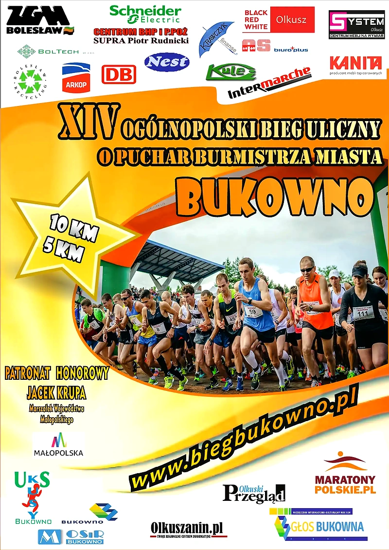 Plakat biegu ulicznego w Bukownie z biegaczami.