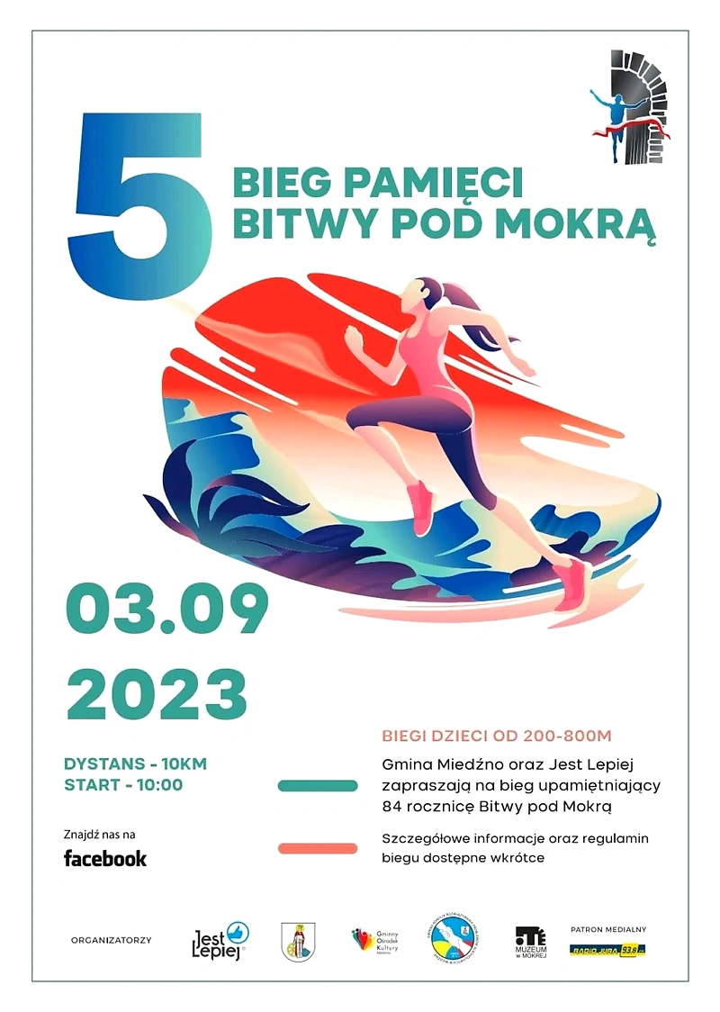 Plakat reklamujący bieg z datą, dystansem i ilustracją biegacza.