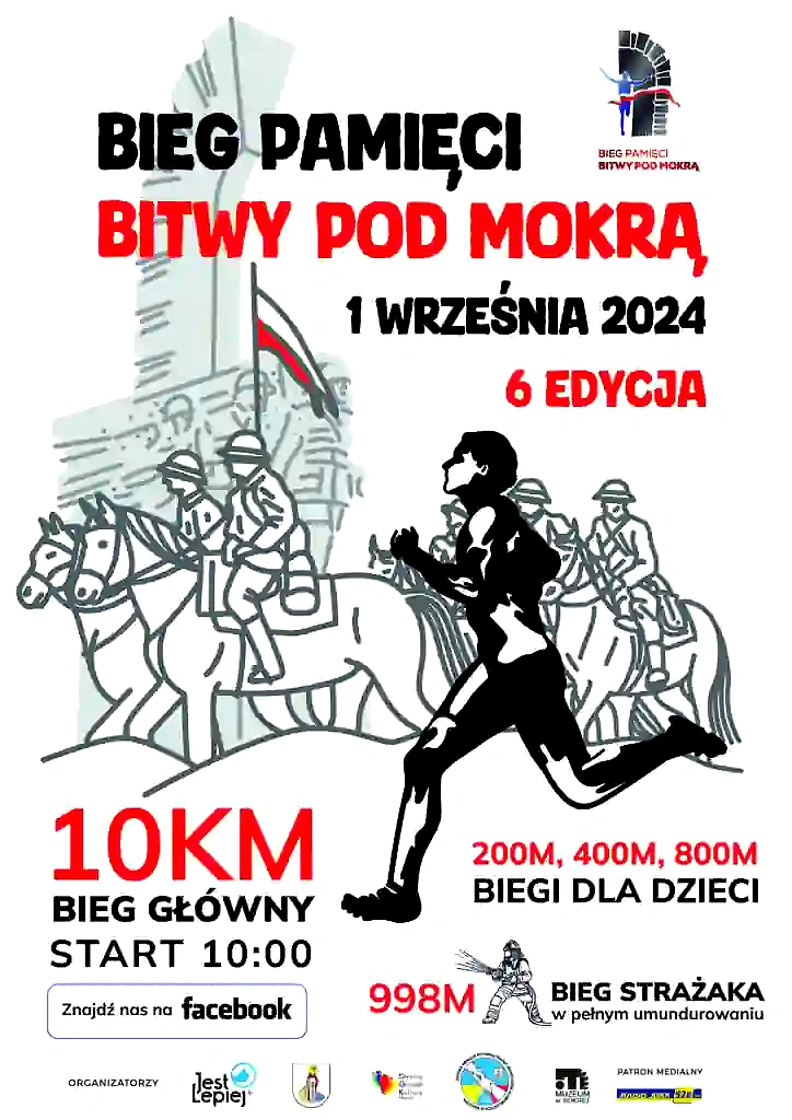 Plakat reklamowy biegu upamiętniającego Bitwę pod Mokrą: 10km, 998m, biegi dla dzieci.