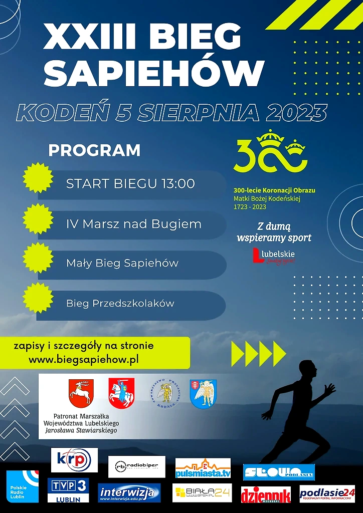 Plakat XXIII Biegu Sapiehów w Kodniu z 2023 roku, z programem i informacjami.