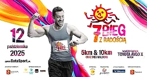 Plakat 7. Biegu z Radością z datą, dystansami i radosnym biegaczem.