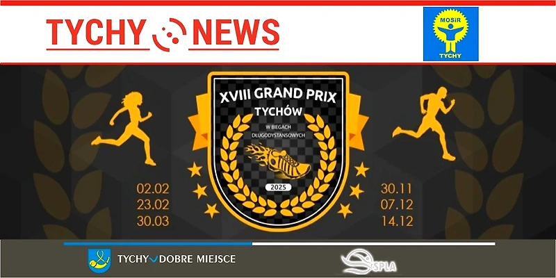 Logo XVIII Grand Prix Tychów. Terminy biegów: luty, marzec, listopad i grudzień 2025.