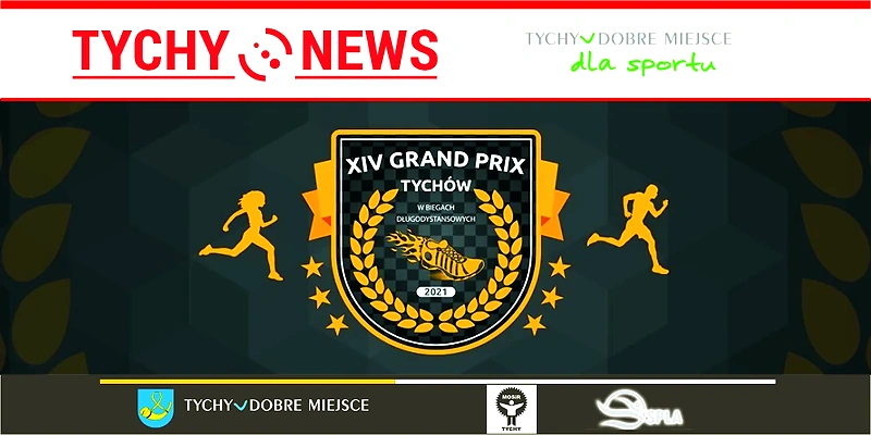 Logo biegu Grand Prix Tychów, z sylwetkami biegaczy i butem sportowym.